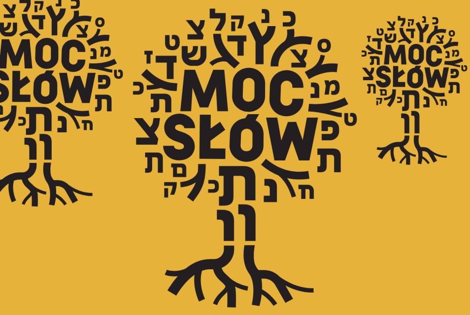 Logo wystawy "Moc słów" - tytuł wpisany w drzewo złożone z hebrajskich liter.